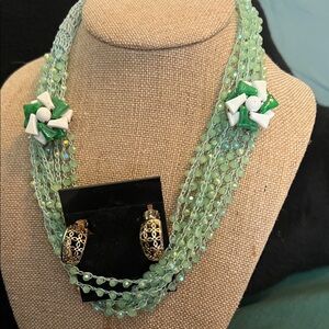 Green Beaded Multi-Strand Necklace with Floral Accents